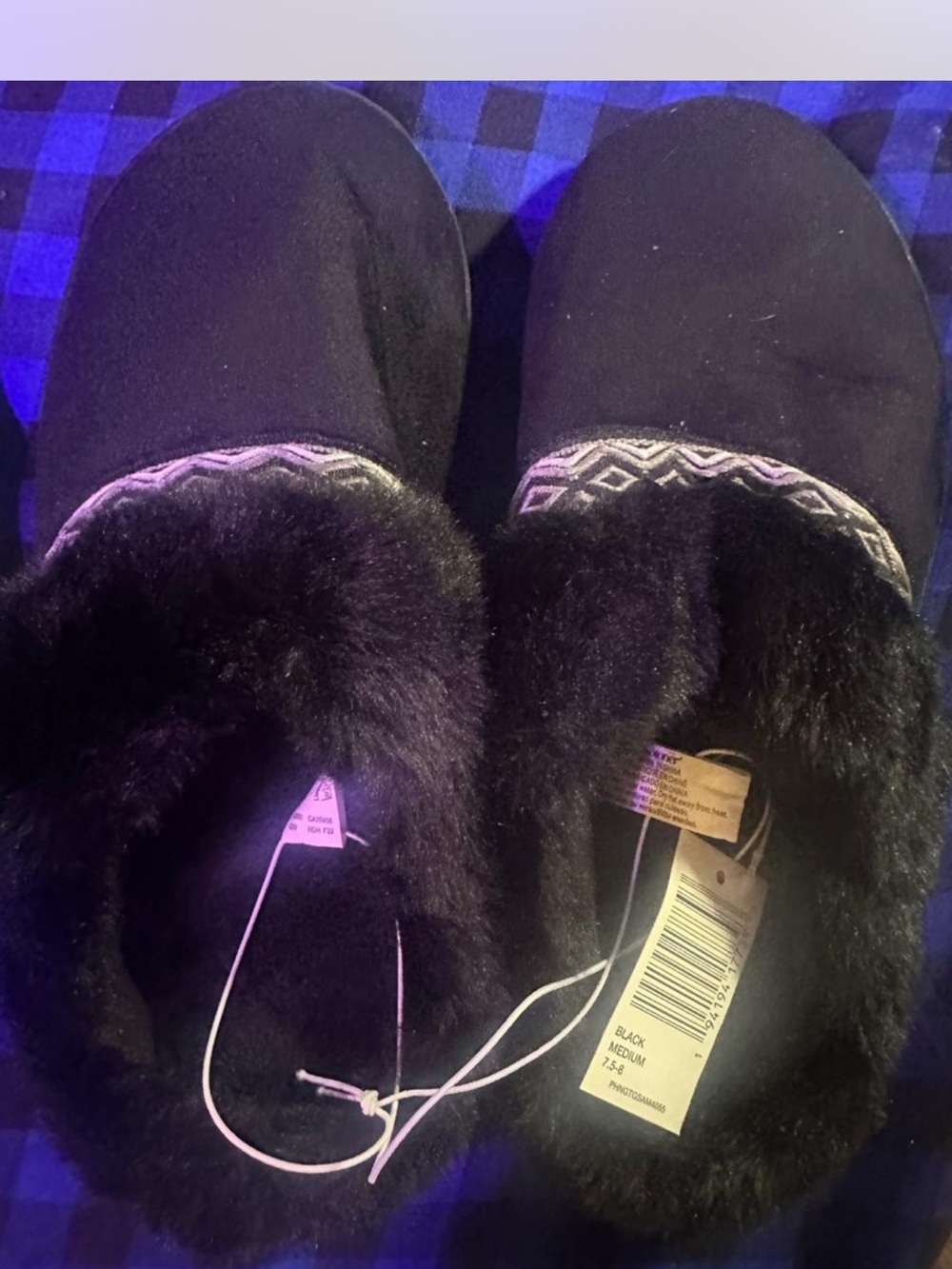 isotoner Black Faux-Fur Women's Slip-Ons with Knit Trim